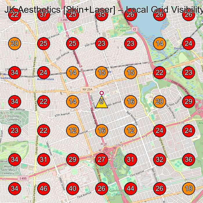 JK Aesthetics [Skin+Laser] GeoGrid visibility map for Medical Spa in Bayside